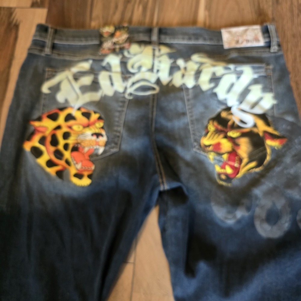Ed Hardy Men's Black Med Wash Denim Jeans Stacked Boot Graphic leopard 38x37